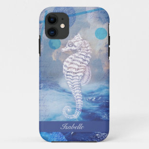 Funda Para iPhone 11 Caballo de mar vintage elegante olas de océano azu