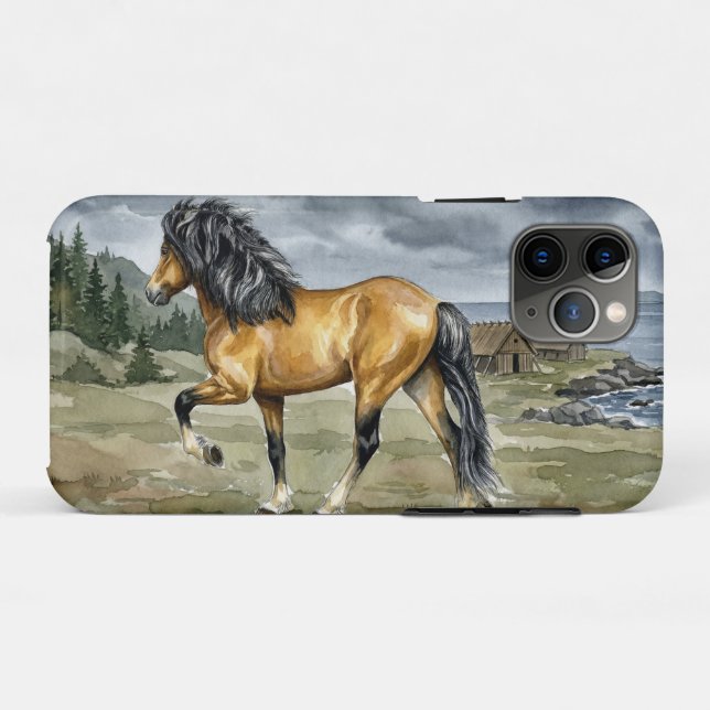 Funda De Case-Mate Para iPhone Caballo islandés Stormur junto al mar (Reverso (horizontal))