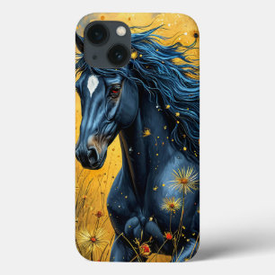 Funda Para iPhone 13 Caballo Negro Corriendo a Través de un Prado Vibra