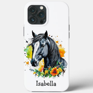 Funda Para iPhone 13 Pro Max Caballo negro rodeado de flores personalizadas