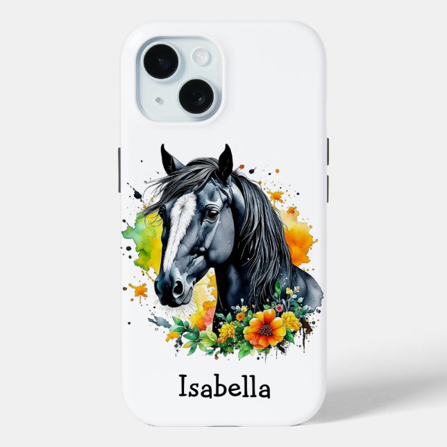 Funda De Case-Mate Para iPhone Caballo negro rodeado de flores personalizadas (Reverso )