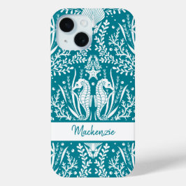 Funda Para iPhone 15 Caballos de mar Damask Verde azulado blanco azul p
