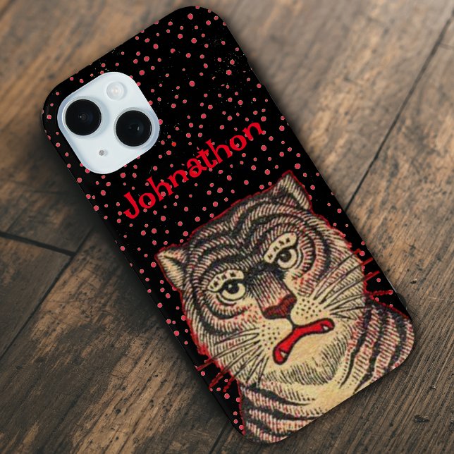 Funda De Case-Mate Para iPhone Cabeza del Tigre Feroz Face Black Red Dots (Head of black striped Asian tiger ferocious face on personalized phone case with red dots.)