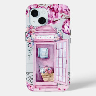 Funda Para iPhone 15 Cabina de teléfono floral rosa personalizada