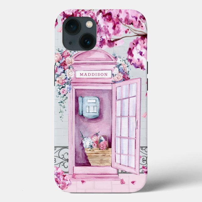 Funda De Case-Mate Para iPhone Cabina de teléfono floral rosa personalizada (Reverso )