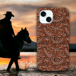 Funda Para iPhone 15 Cachorro marrón vaquero floral cuero occidental
