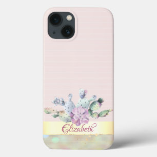 Funda Para iPhone 13 Cactus acuarela,flor suculenta rayas rosadas