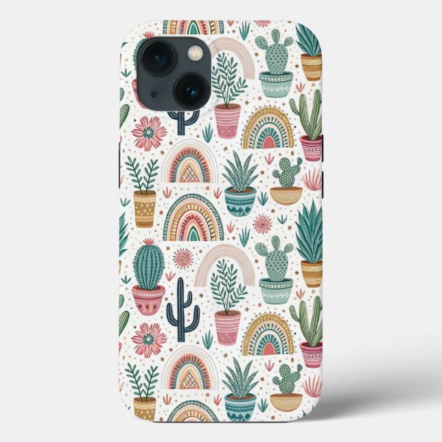 Funda De Case-Mate Para iPhone Cactus Pot with Plants, Flowers and Rainbows (Reverso )