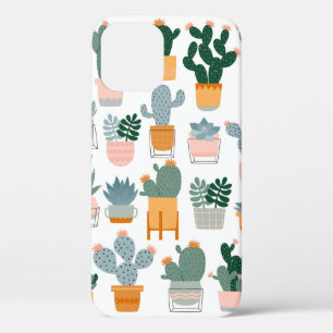 Funda Para iPhone 12 Cactus y suculentos en macetas con fondo blanco.