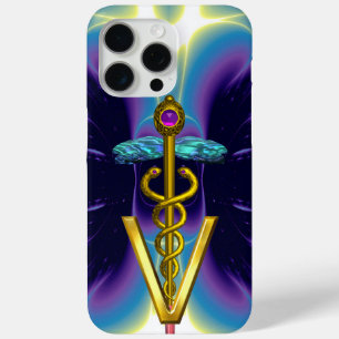 Funda Para iPhone 15 Pro Max CADUCEO DE ORO SÍMBOLO VETERINARIO / Azul Púrpura