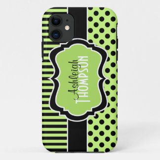 Funda Para iPhone 11 Cal personalizada, negro, lunares rayados blancos