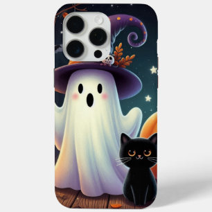 Funda Para iPhone 15 Pro Max Calabaza, gato y fantasma de Halloween.