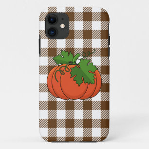 Funda Para iPhone 11 Calabaza naranja sobre patrón de cuadros marrones 