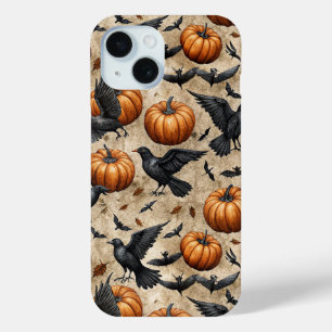 Funda Para iPhone 15 Calabazas, cuervos y el patrón de Halloween de los
