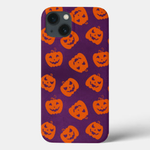 Funda Para iPhone 13 Calabazas de Halloween en el patrón de fondo morad