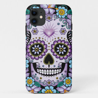 Funda Para iPhone 11 Calavera de azúcar morado con flores