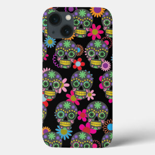 Funda Para iPhone 13 Calavera de azúcar y flores locas en el patrón neg
