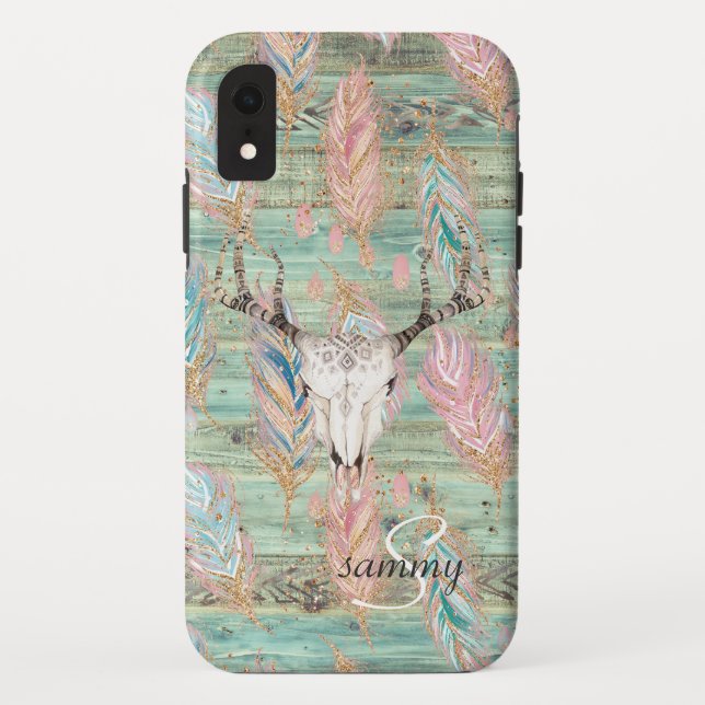 Funda De Case-Mate Para iPhone Calavera de ciervo de madera turquesa occidental r (Reverso)