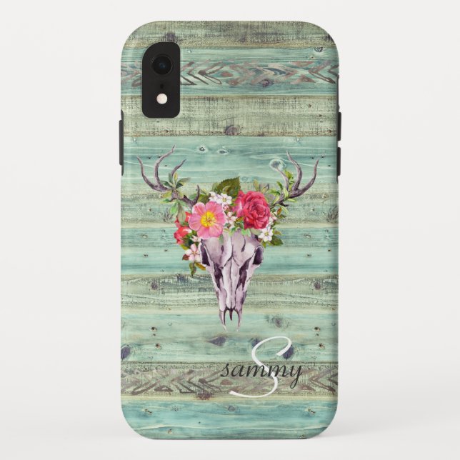 Funda De Case-Mate Para iPhone Calavera de ciervo de madera turquesa occidental r (Reverso)