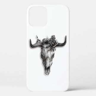 Funda Para iPhone 12 Calavera de toro y Rosa blanco y negro