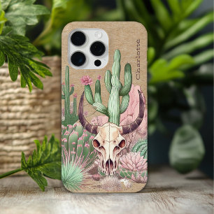 Funda Para iPhone 15 Pro Max Calavera de Vaca Cactus Desierto Floral Nombre Occ