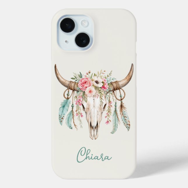 Funda De Case-Mate Para iPhone Calavera de vaca floral acuarela boho (Reverso )