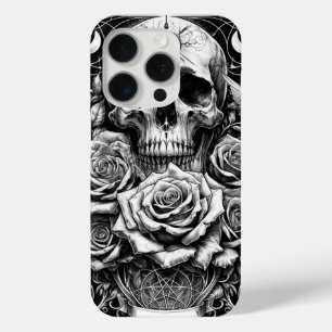 Funda Para iPhone 15 Pro Calavera del Pentáculo Rosas y Cráneo Arte Tarot
