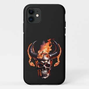 Funda Para iPhone 11 Calavera retro muerta en llamas con cuerno en llam