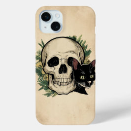 Funda Para iPhone 15 Mini Calavera y gato negro