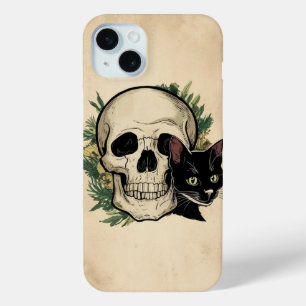 Funda Para iPhone 15 Mini Calavera y gato negro
