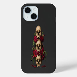 Funda Para iPhone 15 Calaveras góticas pixeladas Rosas rojas Ilustracio