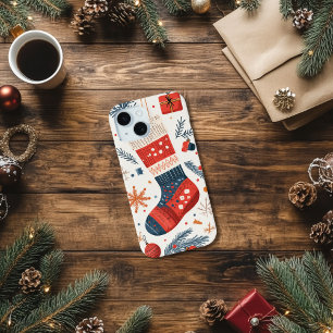 Funda Para iPhone 15 Calcetín Navideño Rojo Azul Festivo