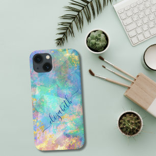 Funda Para iPhone 13 Caligrafía de monograma azul verde rosa oro tenden