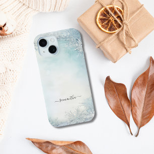 Funda Para iPhone 15 Caligrafía de monograma azul y blanco copo de niev