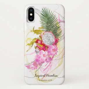 Funda Para iPhone X Calligrafía tropical de dragón y orquídea rosa