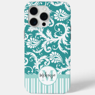 Funda Para iPhone 15 Pro Max Cambio personalizado de Damasco de época verde azu