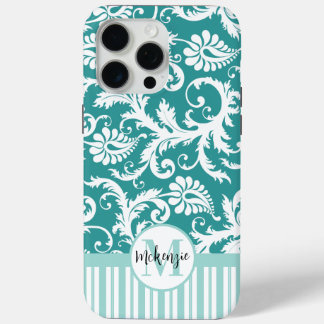 Funda Para iPhone 15 Pro Max Cambio personalizado de Damasco de época verde azu