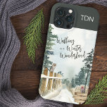 Funda Para iPhone 13 Pro Max Caminando en un monograma de invierno sobre el pai<br><div class="desc">Estuche de teléfono Winter Landscape, con letras "Walking in a Winter Wonderland" en la moderna tipografía de guiones. Este rústico diseño rústico de campo tiene una acuarela de un sendero de bosques nevados, pinos, un ladrón y una lechuza en los postes de la cerca. Diseñado para el iPhone 13 Pro...</div>