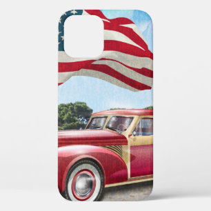 Funda Para iPhone 12 Camión de cosecha roja con bandera estadounidense.