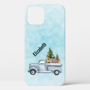 Funda Para iPhone 12 Camión navidad con pinos y animales forestales