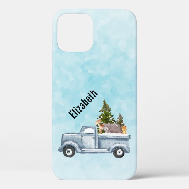 Funda De Case-Mate Para iPhone Camión navidad con pinos y animales forestales (Reverso )