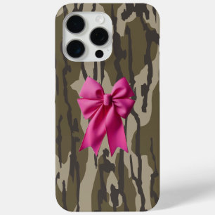 Funda Para iPhone 15 Pro Max Camo de niñas lazo de cinta rosa en fondo de camuf