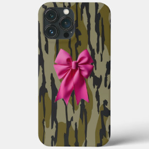 Funda Para iPhone 13 Pro Max Camo de niñas lazo de cinta rosa en fondo de camuf