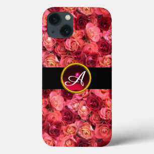 FUNDA PARA iPhone 13 CAMPO DE ROSAS ROSADAS ROJAS, MONOGRAMA DE GEMA RU
