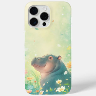 Funda Para iPhone 15 Pro Max Campos de flores y feliz hipopótamo