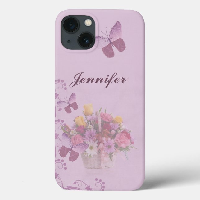 Funda De Case-Mate Para iPhone Canasta de flores y mariposas, nombre (Reverso)