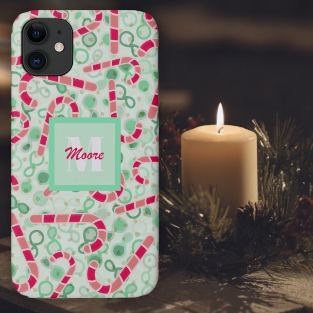 Funda De Case-Mate Para iPhone Cañones de caña en verde oliva híbrida (Candy Cane on a floating green and caramel motion background Phone Case)