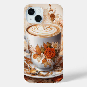 Funda Para iPhone 15 Cappuccino caliente con taza de flores de plata