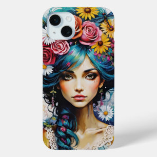 Funda Para iPhone 15 Mini Cara de mujer con Rosas y acuarela de Daisies