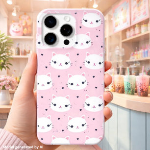 Funda Para iPhone 15 Pro Max Caras de gato Kawaii con corazones – Patrón rosa l